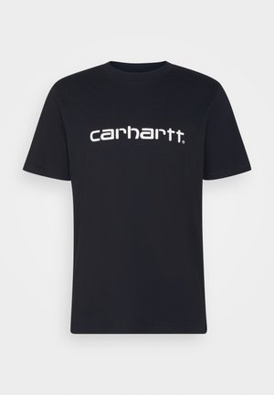 Schwarzes Baumwoll-T-Shirt mit kurzen Ärmeln und Rundhalsausschnitt; zeigt das weiße "Carhartt"-Logo, das quer über die Brust gedruckt ist. Glatte Textur, schlichtes Design.