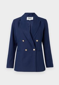 Marineblauwe dubbelzijdige blazer met een geknipte revers, gouden knopen en zijzakken. Gemaakt van textuurstof met een getailleerde pasvorm.