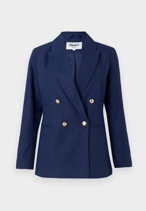 Navy blue double-breasted blazer with a notched lapel, gold buttons, and side pockets. Made from textured fabric with a tailored fit.