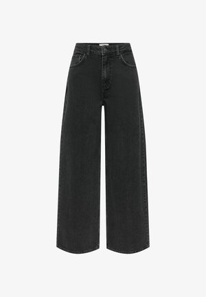 Mustad kõrge vöökohaga laiade jalgadega teksad ees olevate nööpide ja luku sulgemisega, ees- ja tagataskutega ning vööaasadega.