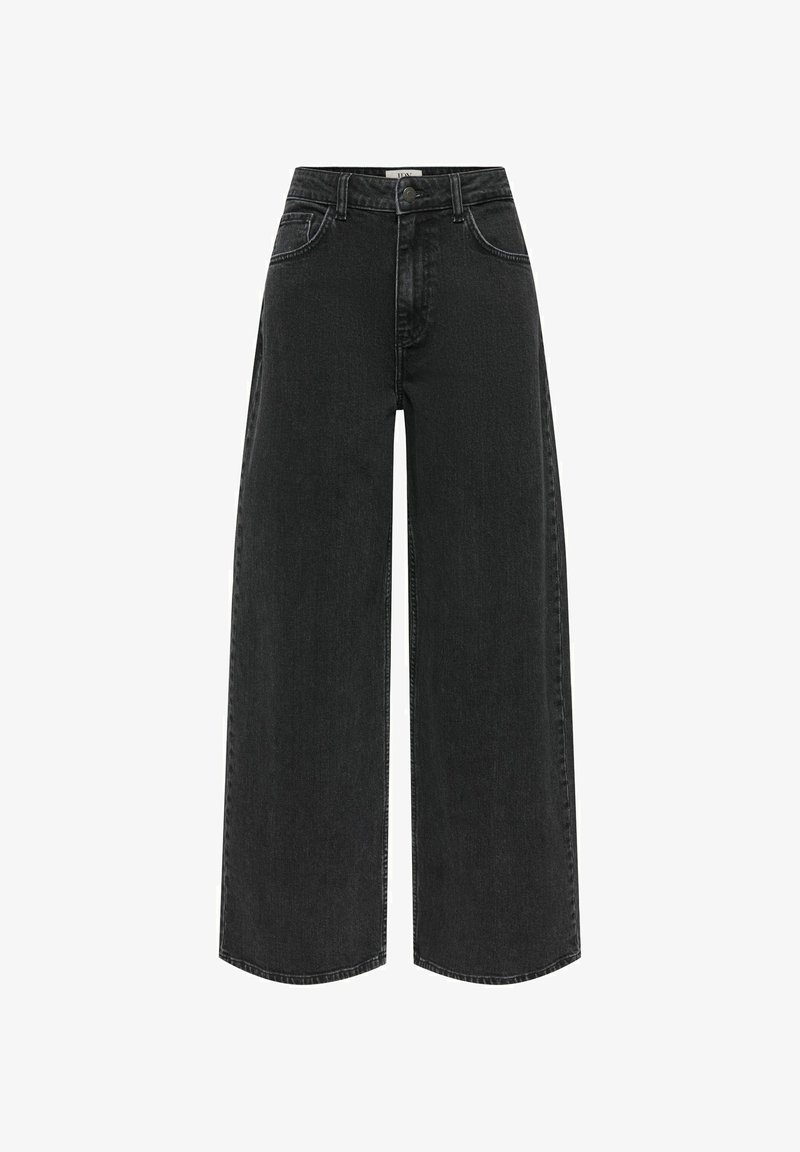 Jean noir taille haute à jambes larges avec fermeture avant par boutons et fermeture éclair, poches avant et arrière, et passants pour ceinture.