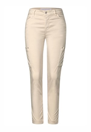 Beige cargo-housut, jotka on valmistettu puuvillasekoitteesta, slim fit -tyyli, sivutaskut, napitus ja sileä pinta.