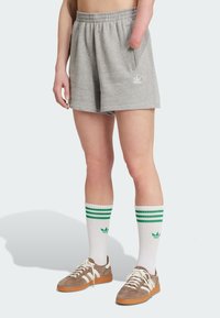 Pilki medvilniniai šortai su elastinga juosta, su šoninėmis kišenėmis ir balta logotipu. Dėvimi su baltais kojiniais su žaliais dryžiais ir rudais sportiniais bateliais.