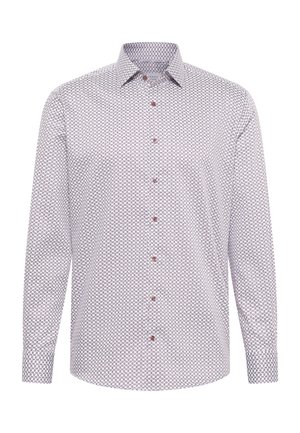 Langermige shirt in het wit met een rood en marineblauw geometrisch patroon, met een button-down kraag en contrasterende knopen. Gemaakt van een katoenmix.