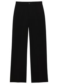 Pantalon large noir en tissu lisse, doté d'une fermeture à boutons sur le devant, de passants pour ceinture et d'une finition soignée.