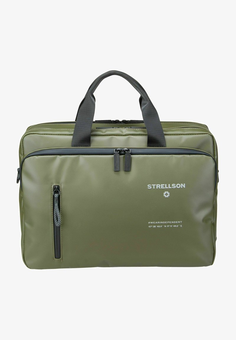 Oliivivihreä läppärikassi tekstuuripinnalla, kaksoismusta vetoketju suljettuna ja pehmustetut mustat kahvat. Mukana sivuvetoketjulla varustettu tasku ja logoprintti.