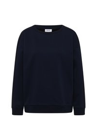 Mørkeblå sweatshirt lavet af blødt stof, med rund halsudskæring, lange ærmer og teksturerede detaljer langs skuldrene.