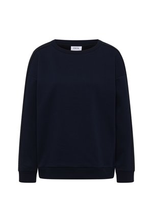 Marineblaue Sweatshirt aus weichem Stoff, mit rundem Ausschnitt, langen Ärmeln und strukturierten Akzenten an den Schultern.