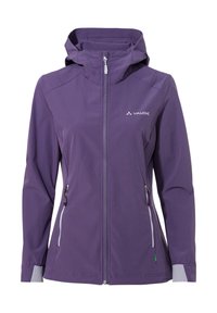 Paarse lichtgewicht jacket met capuchon, volledige rits, twee zijzakken, elastische manchetten, grijze accenten en een logo op de borst.