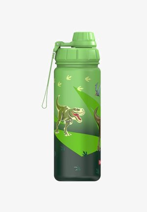 Grüne Wasserflasche mit Dinosauriergrafiken; ausgestattet mit einem strukturierten Deckel, einem Tragriemen und Mustern von Dinosaurierspuren und Laub.