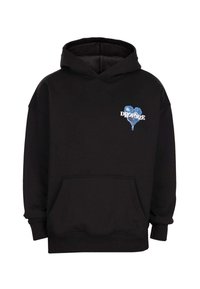 Black hoodie with front pocket and blue heart graphic on chest, featuring the word "DROPSIZE" across the heart.