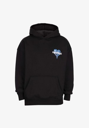 Fekete kapucnis pulóver, elülső zsebbel és kék szív grafikával a mellkason, amelyen a "DROPSIZE" szó olvasható a szív fölött.