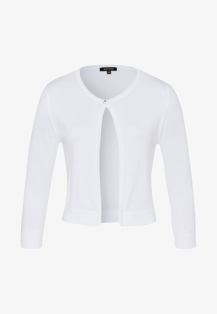 Cardigan court blanc pour femmes, à manches longues et fermeture par un seul bouton en haut, avec un col rond et des poignets ajustés.