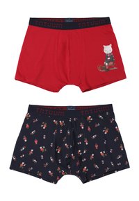 Boxers de algodón rojos con una ilustración de un cerdo en la parte delantera; boxers azul marino con un colorido patrón de animales. Ambos tienen una cinturilla de marca.