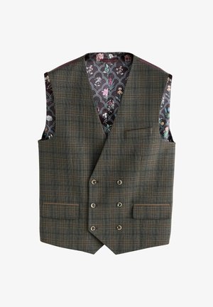 Sötétzöld, kockás mintájú, dupla gombolású mellény. Két elülső zsebbel és virágmintás belső béléssel rendelkezik. Négy gomb található rajta.