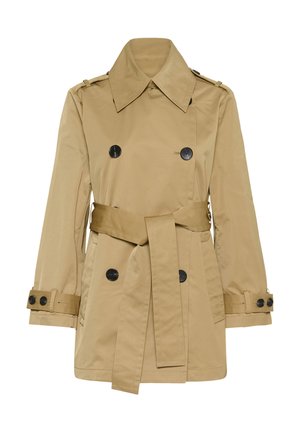 Beige dobbeltradet trenchcoat med bred krave, taljespænde og knappede stropper på ærmerne, vist på en hvid baggrund.