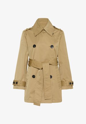 Beige dobbeltradet trenchcoat med bred krage, belte i livet og knappede stropper på ermene, vist på hvit bakgrunn.