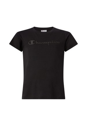 T-shirt noir à manches courtes avec col rond et logo Champion noir en relief sur la poitrine.