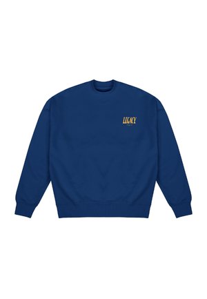 Navy blue sweatshirt with long sleeves and ribbed cuffs, featuring small yellow "LEGACY" text on the left chest.