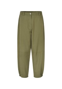 Olijfgroene, lichtgewicht, taps toelopende broek met een elastische zoom, sluiting met knoop aan de voorkant en zijzakken. Gladde textuur, relaxte pasvorm.