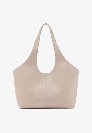 Borsa tote in pelle beige con ampie cinture e una cucitura centrale, caratterizzata da un'apertura superiore arrotondata e aperta per il trasporto a mano o a spalla.