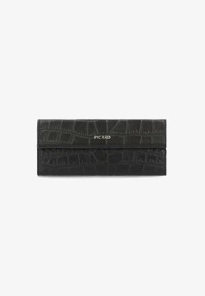 Black leather wallet with a crocodile texture, featuring a flap closure and embossed logo on the front. Smooth surface with refined details.