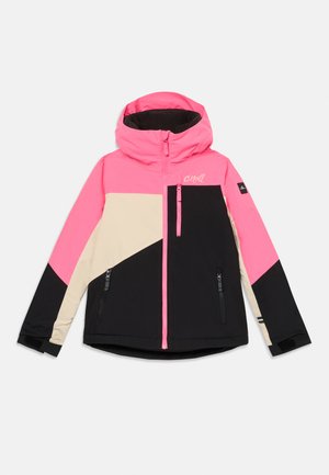 Farbblockierte Jacke mit pinken, beigen und schwarzen Abschnitten, mit Kapuze, Reißverschlusstaschen und strukturiertem Stoff zur Isolierung.