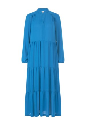 Lange blauwe jurk met meerdere lagen, lange mouwen, een hoge kraag en een halslijn met een voorste split.