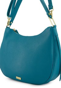 Türkise Leder-Schultertasche mit strukturierter Oberfläche, goldener Hardware und Reißverschluss. Gewellte Form mit abnehmbarem Tragegurt.