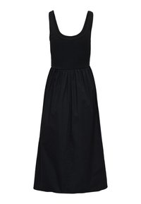 Musta hihaton midi-mekko, jossa on tiukka ribattu vartalo-osa ja kerrostettu helma, suunniteltu rentoon tai puolimuodolliseen käyttöön.