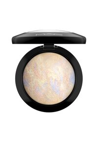 Compact powder with a black circular case. The powder surface features a marbled pattern in soft pastels: peach, cream, and light blue.
