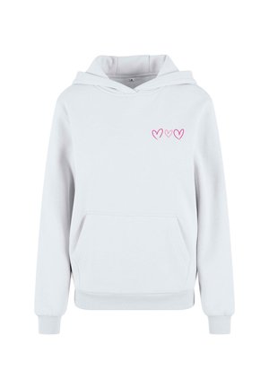 Hvid hættetrøje lavet af blødt materiale, med en frontlomme, broderi af et pink hjerte og en klassisk snøre-hætte.