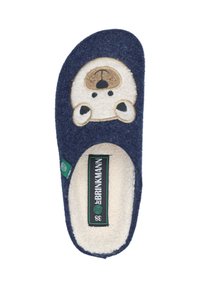 Navy blue felt slipper featuring a bear face design on the toe, beige plush lining, and a green logo tag on the side. Soft texture.