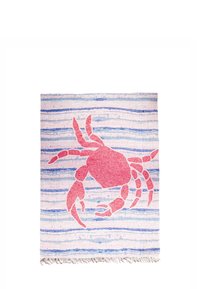 Multicolored cotton beach towel featuring a central pink crab design on a striped blue and pink background. Finished with fringe edges.