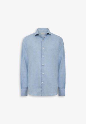 Camicia azzurro chiaro a maniche lunghe con bottoni e collo appuntito, mostrata su uno sfondo bianco.