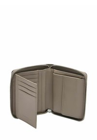 Portfel zapinany na zamek w szarej skórze. Posiada wiele przegródek na karty, kieszenie na banknoty oraz gładką fakturę. Detale z zamkiem w kolorze srebrnym.