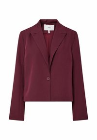 Blazer burdeos con solapa, cierre de un botón y mangas largas. Confeccionado en tela suave, presenta un ajuste entallado y un diseño minimalista.