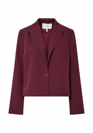 Blazer borgogna con colletto a punte, chiusura con un solo bottone e maniche lunghe. Realizzato in tessuto liscio, presenta una vestibilità sartoriale e un design minimalista.
