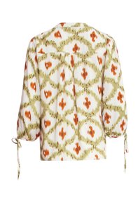 Losse blouse met een witte basis en groene en oranje ruitpatronen, korte pofmouwen met gestrikte sluitingen bij de manchetten.