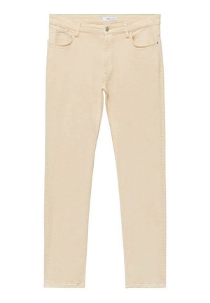 Jeans in denim beige con una vestibilità slim, design a cinque tasche e dettagli cuciti. Presentano una chiusura con bottone e zip sul davanti.
