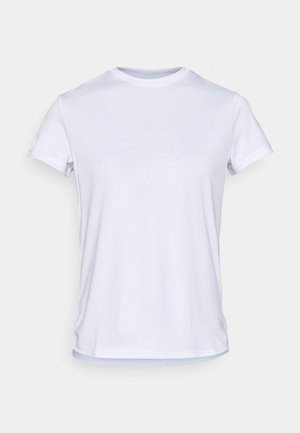 Vit T-shirt med rund halsringning, tillverkad av lätt tyg. Korta ärmar, slät textur, med rak fåll och utan synliga logotyper eller mönster.