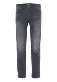 Dark gray denim jeans feature a classic five-pocket design, straight leg cut, subtle whiskering, and metal button hardware.