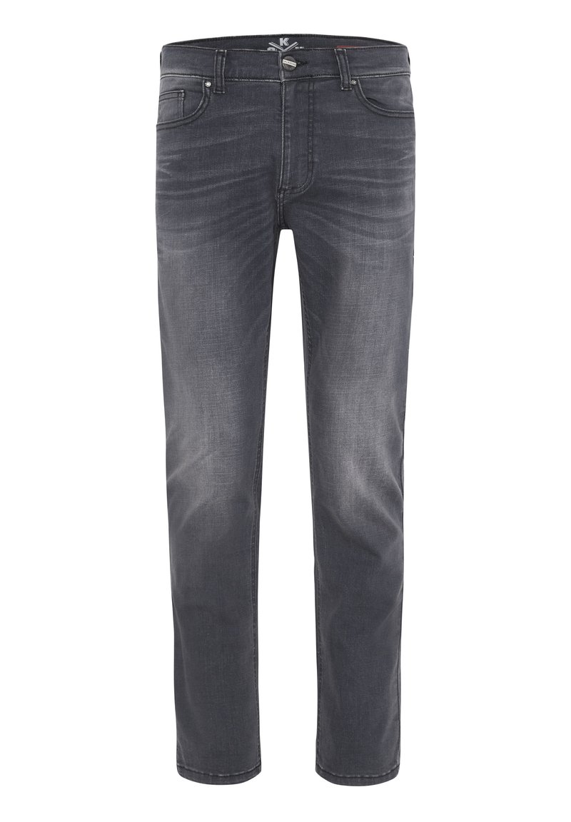 Dark gray denim jeans feature a classic five-pocket design, straight leg cut, subtle whiskering, and metal button hardware.