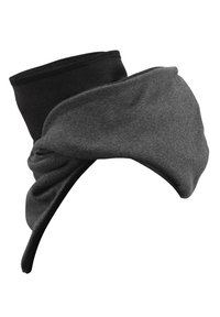 Black and gray fabric headband with a twisted design, soft texture, and stretchable material for comfort and fit.