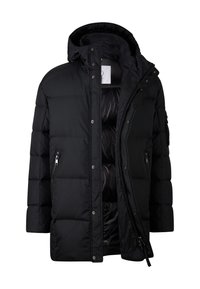 Schwarze gepolsterte Jacke mit Reißverschluss vorne, Seitentaschen und Kapuze. Verfügt über ein gestepptes Design und ein glattes, glänzendes Innenfutter.