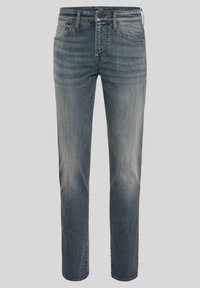 Mörkblå denimjeans med rak passform, utrustade med en standard femficksdesign, bältesslingor och subtil blekning på låren.