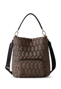 Gep quiltete Schultertasche in Schwarz und Beige, mit einem strukturierten Blasenmuster, einer vorderen Reißverschlusstasche und goldenen Hardware-Elementen.
