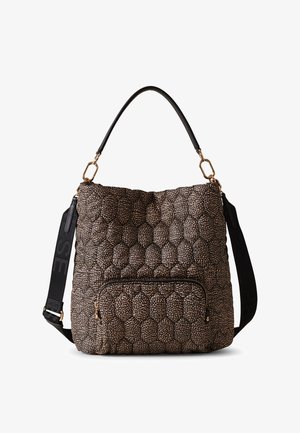 Sac épaule en tissu matelassé noir et beige, avec un motif en relief et bulles, une poche zippée à l'avant et des accents en métal doré.
