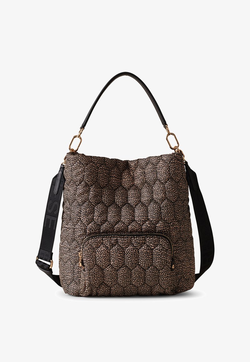 Quilted fabric shoulder bag in black and beige, featuring a textured, bubble pattern, a front zip pocket, and gold hardware accents.