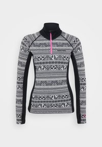 Mustapohjainen pitkähiha pullover puolivälin vetoketjulla, jossa on vaaleanpunainen vetoketju ja kontrastina yhdisteet mustat sivut. Sujuva pinta.